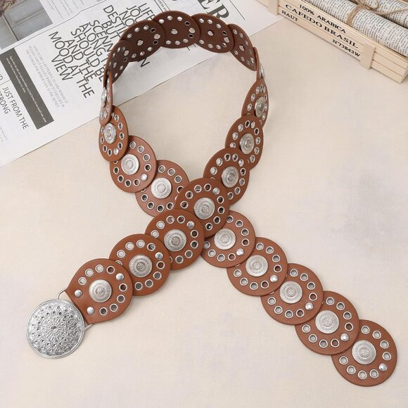 Women Vintage Disc Waist Concho Leather Belt Boho Waist Belt Brown Silver Buckle - Picture 7 of 7